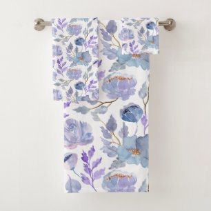 Hübsches Dusty Blue Lilac Watercolor Blume Muster Badhandtuch Set