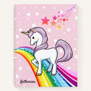 Hübsches Einhorn auf einem Regenbogen-Namen-Notizb Notizbuch