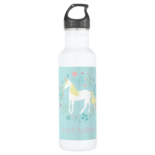 Hübsches Einhorn & Blume Aqua Personalisiert Trinkflasche (Vorderseite)