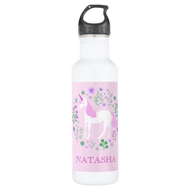 Hübsches Einhorn, Blütenrosa Personalisiert Edelstahlflasche (Vorderseite)