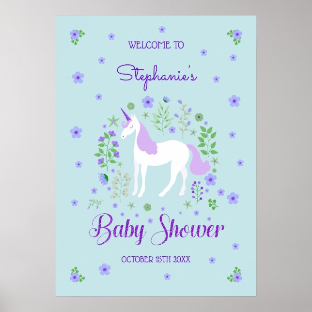 Hübsches Einhorn Lila Aqua Baby Dusche Poster (Vorne)
