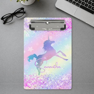Hübsches Einhorn rosa Glitter Regenbogen Kunst Mon Mini Klemmbrett