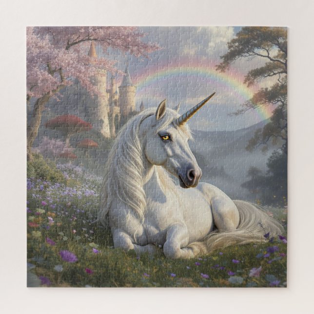 Hübsches Einhorn, Schloss und Regenbogen  Puzzle (Vertikal)