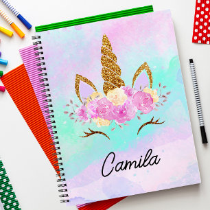 Hübsches Einhorn und abstraktes Wasserfarben-Monog Notizbuch
