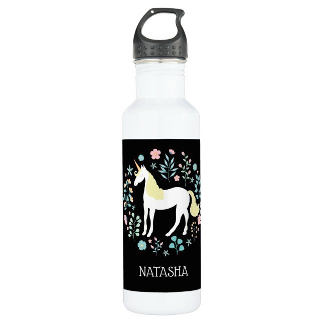 Hübsches Einhorn und Blume Personalisiert Edelstahlflasche (Vorderseite)