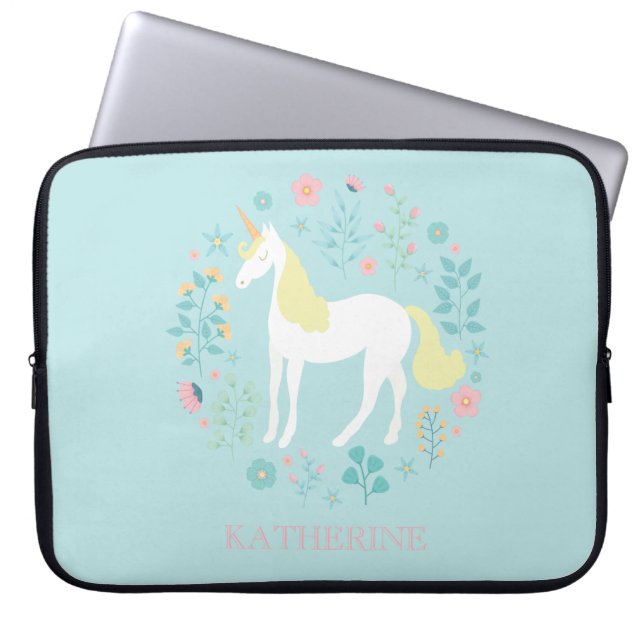 Hübsches Einhorn und Blume Personalisiert Laptopschutzhülle (Vorderseite)