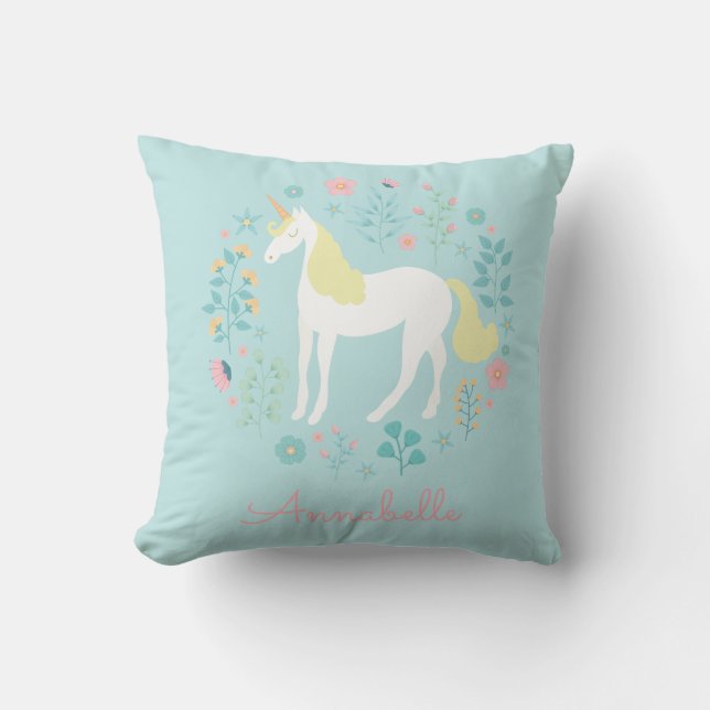 Hübsches Einhorn und Blume Personalisiertes Aqua Kissen (Vorderseite)