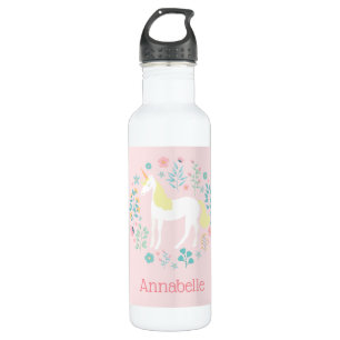 Hübsches Einhorn und Blume Rosa Personalisiert Edelstahlflasche