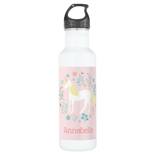 Hübsches Einhorn und Blume Rosa Personalisiert Edelstahlflasche (Vorderseite)