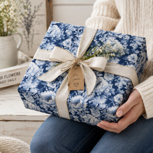 Hübsches elegantes Indigoblau Blumenmuster Geschenkpapier