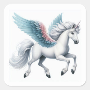 Hübsches fliegendes weißes Pegasus-Stickerblatt Quadratischer Aufkleber