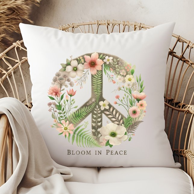 Hübsches florales Retro "Bloom in Peace" Zeichen Kissen (Von Creator hochgeladen)