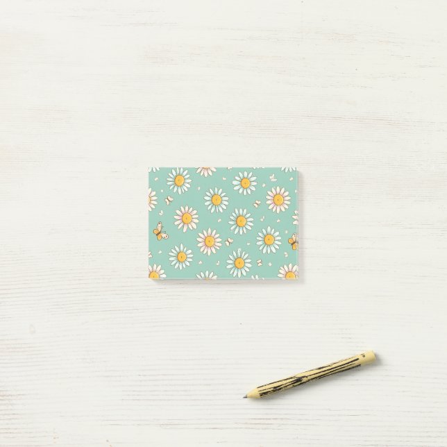 Hübsches Gänseblümchen- und Bienenmuster | Post-it Klebezettel (Auf Schreibtisch)