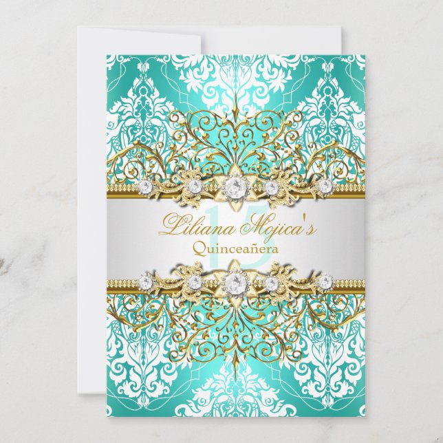 Hübsches Gold Aquamariner Vintager Glamour Quincea Einladung (Vorderseite)