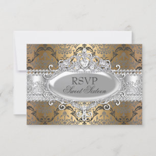 Hübsches Gold & Silber Damast Sweet 16 RSVP Karte