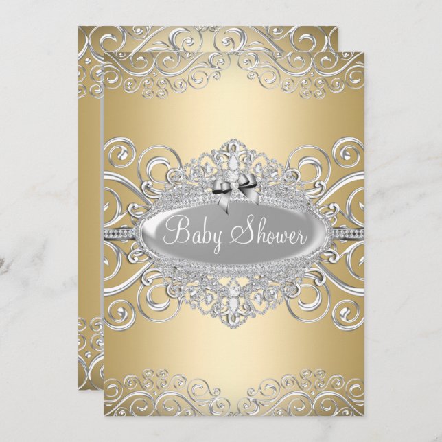 Hübsches Gold & Silver Damask Princess Baby Dusche Einladung (Vorne/Hinten)
