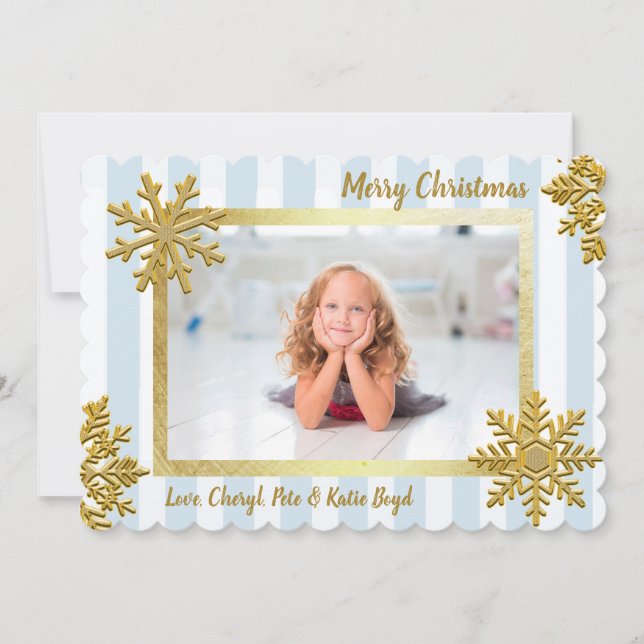 Hübsches Gold und Blue Custom Foto Weihnachten Einladung (Vorderseite)