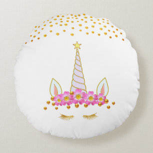 Hübsches goldenes Einhorn, Blumen & goldenes Konfe Rundes Kissen
