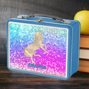 Hübsches goldenes Einhorn Glitter farbenfrohes Mon Metall Brotdose