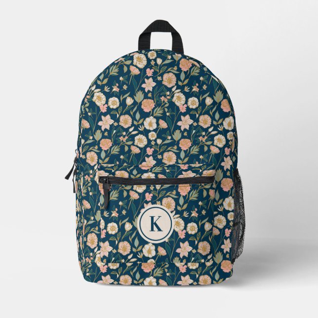 Hübsches goldfarbenes Muster | Navy Monogram Bedruckter Rucksack (Vorderseite)