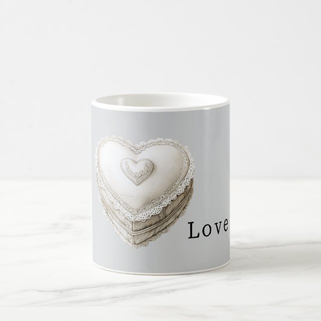 Hübsches Grau Falsche Spitze Weißes Herz Kaffeetasse (Mittel)