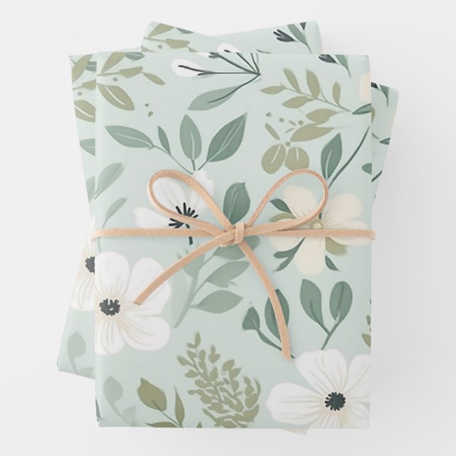 Hübsches grünes botanisches Blumenmuster Geschenkpapier Set (Beispiel)