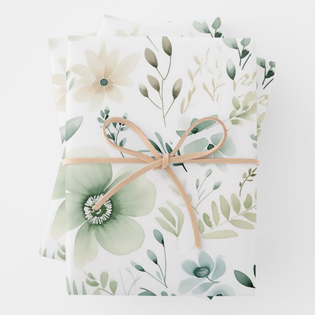 Hübsches grünes botanisches Blumenmuster Geschenkpapier Set (Beispiel)