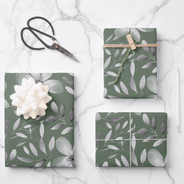Hübsches grünes botanisches Blumenmuster Geschenkpapier Set (Vorderseite)