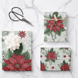 Hübsches grünes Toile rotes Weihnachtsblumenmuster Geschenkpapier Set