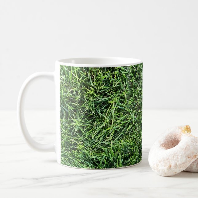 Hübsches Grüngras-Foto-Textur-Muster Spaß Kaffeetasse (Mit Donut)