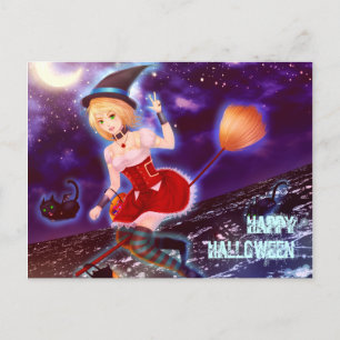 Hübsches Halloween-Hexenmädchen mit fliegenden Hau Postkarte