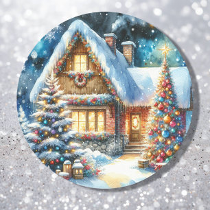 Hübsches Haus im festlichen Weihnachtsdekor Runder Aufkleber