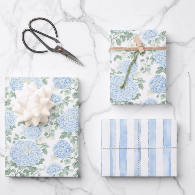 Hübsches Hellblau-Weiß-Blumen-Brautparty Geschenkpapier Set (Vorderseite)