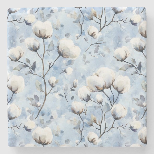 Hübsches Hellblau-Weiß-Blumenmuster Steinuntersetzer (Vorderseite)