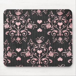 hübsches Herz Rosa Damast auf gewaschenem Schwarz Mousepad