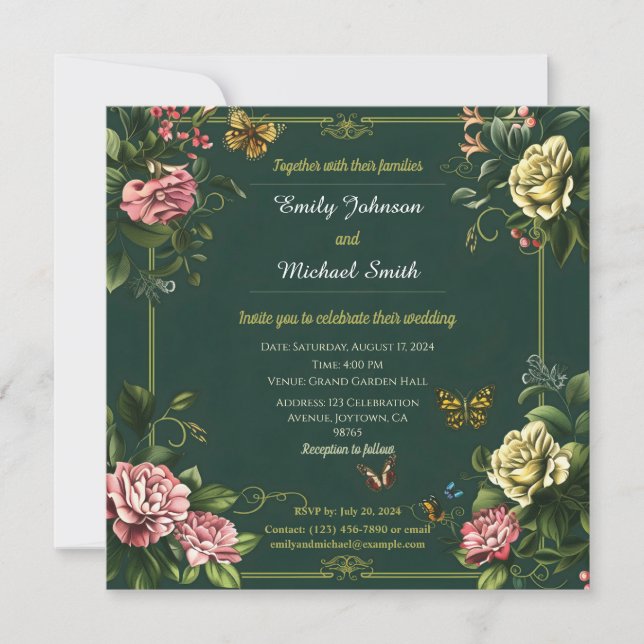 Hübsches Hochzeitsdesign mit grüner Blüte und Schm Einladung (Vorderseite)