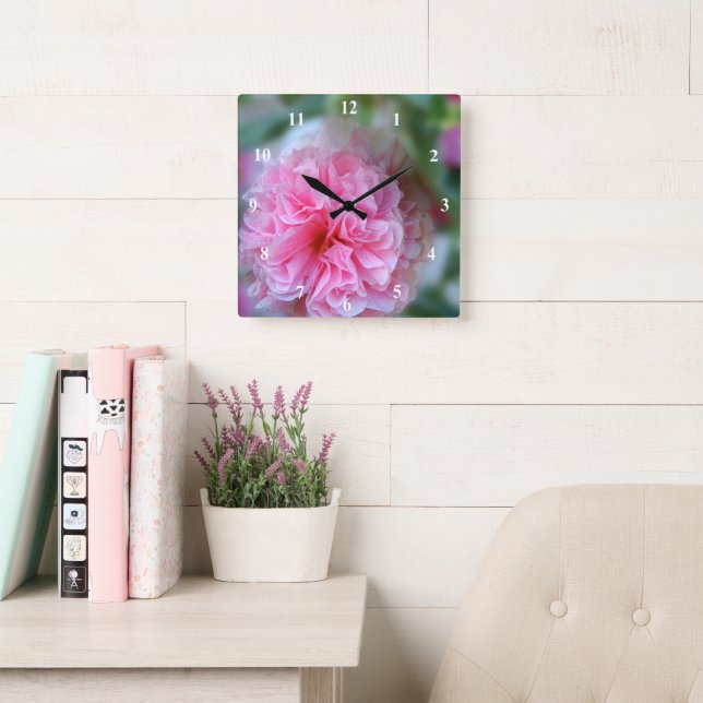 Hübsches Hollyhock Pink Blume Foto Quadratische Wanduhr (Lesesaal)