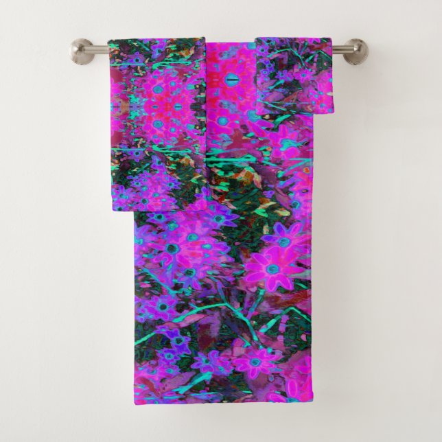 Hübsches Hot Pink, Magenta und Aqua Blue Blumen Badhandtuch Set (Insitu)