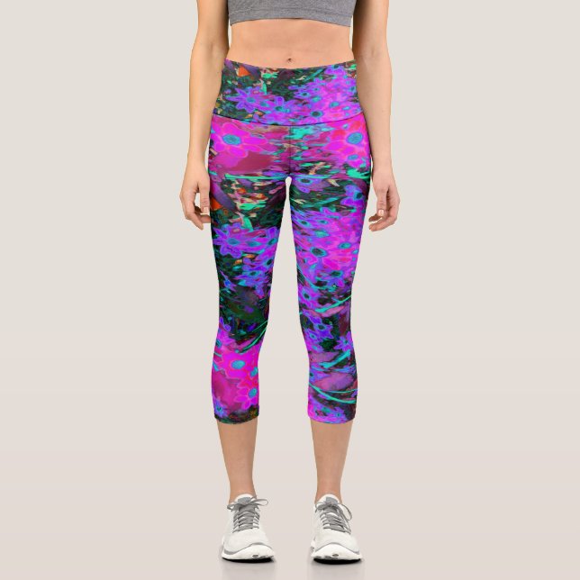 Hübsches Hot Pink, Magenta und Aqua Blue Blumen Capri Leggings (Vorderseite)