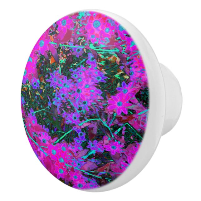 Hübsches Hot Pink, Magenta und Aqua Blue Blumen Keramikknauf (Rechts)