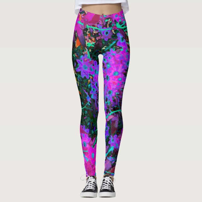 Hübsches Hot Pink, Magenta und Aqua Blue Blumen Leggings (Vorderseite)