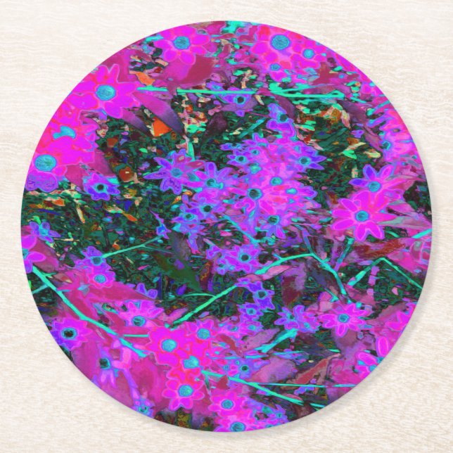 Hübsches Hot Pink, Magenta und Aqua Blue Blumen Runder Pappuntersetzer (Vorderseite)