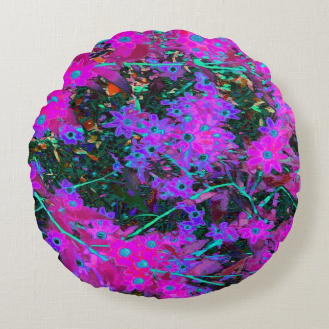 Hübsches Hot Pink, Magenta und Aqua Blue Blumen Rundes Kissen (Vorderseite)