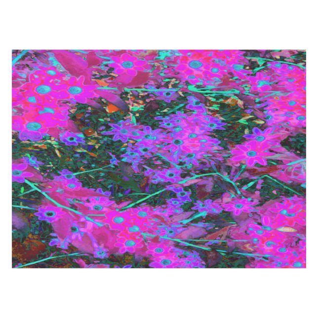 Hübsches Hot Pink, Magenta und Aqua Blue Blumen Tischdecke (Vorderseite (Horizontal))