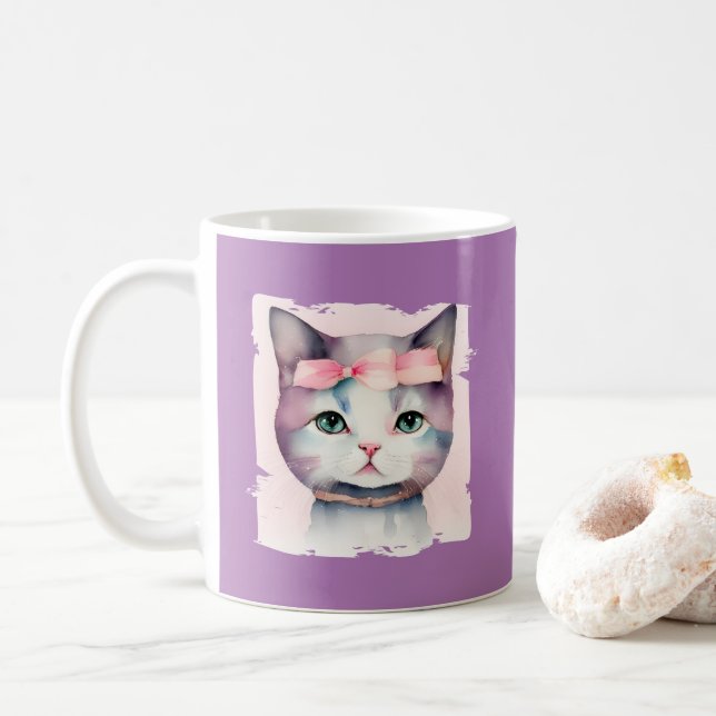 Hübsches Kätzchen mit rosa Bow-Tasse Kaffeetasse (Mit Donut)
