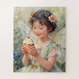 Hübsches kleines Feenmädchen mit einem Cupcake Puzzle