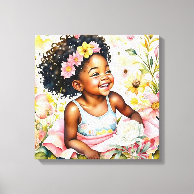 Hübsches kleines Mädchen in rosa Blume Wasserfarbe Leinwanddruck (Vorderseite)