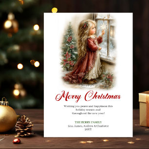 Hübsches kleines Mädchen Weihnachtsszene Grußkarte Feiertagskarte