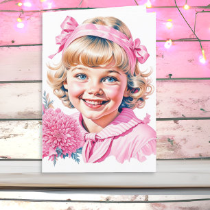 Hübsches kleines Vintage-Mädchen Pink Weihnachte Feiertagskarte