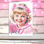 Hübsches kleines Vintages Mädchen | Rosa Weihnacht Feiertagskarte<br><div class="desc">Hübsche,  rosa und weiße Weihnachtskarte mit einem Vintagen kleinen Mädchen,  das mit Bändern und Blume Viktorianische altmodische Weihnachten lächelt.</div>